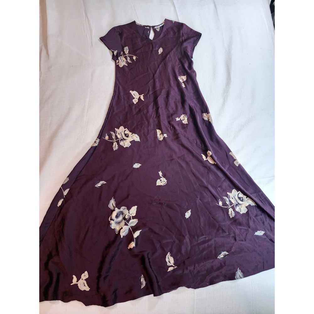Tracy M Floral Print Silk Blend Maxi Dress Plum Purple Short Sleeve Small